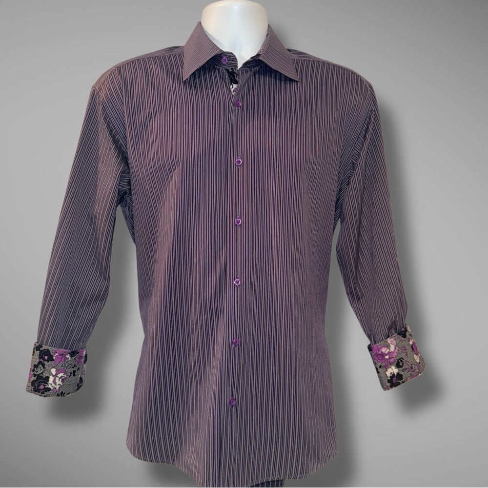 Marcello Sport Men’s Dress Shirt L | Purple Stripe & Floral | Made in Turkey